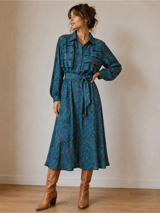 Schroder Sport Dresses & Skirts - Vintage Schroder Sport Paisley Ruffle Blue Teal Belted Midi Dress Size 10P